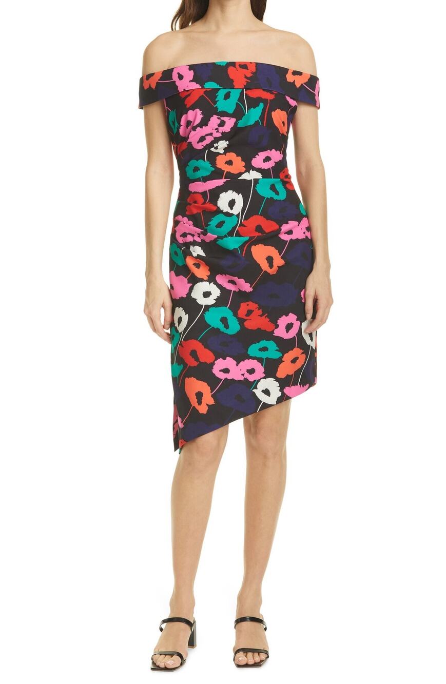 NEW Milly Ally Poppy Multicolor Floral Off The Shoulder Ruched Sheath Dress Sz 2